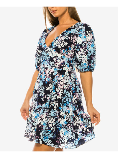 B DARLIN Womens Navy Printed Pouf Sleeve V Neck Above The Knee Party A-Line Dress 3\4