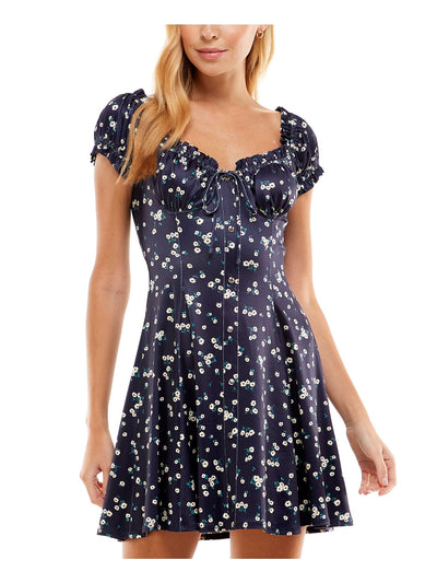 CITY STUDIO Womens Navy Tie Floral Short Sleeve Sweetheart Neckline Short Party Fit + Flare Dress S