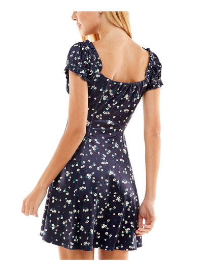 CITY STUDIO Womens Navy Tie Floral Short Sleeve Sweetheart Neckline Short Party Fit + Flare Dress XS