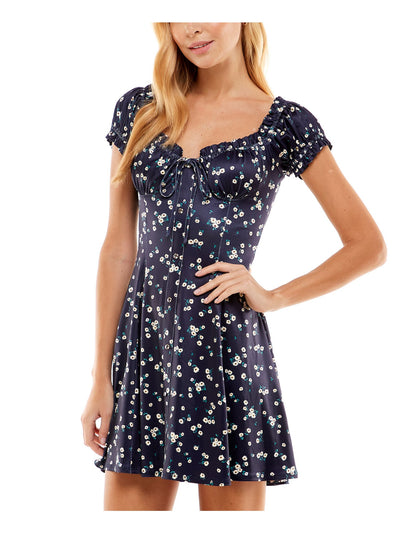 CITY STUDIO Womens Navy Tie Floral Short Sleeve Sweetheart Neckline Short Party Fit + Flare Dress XXS