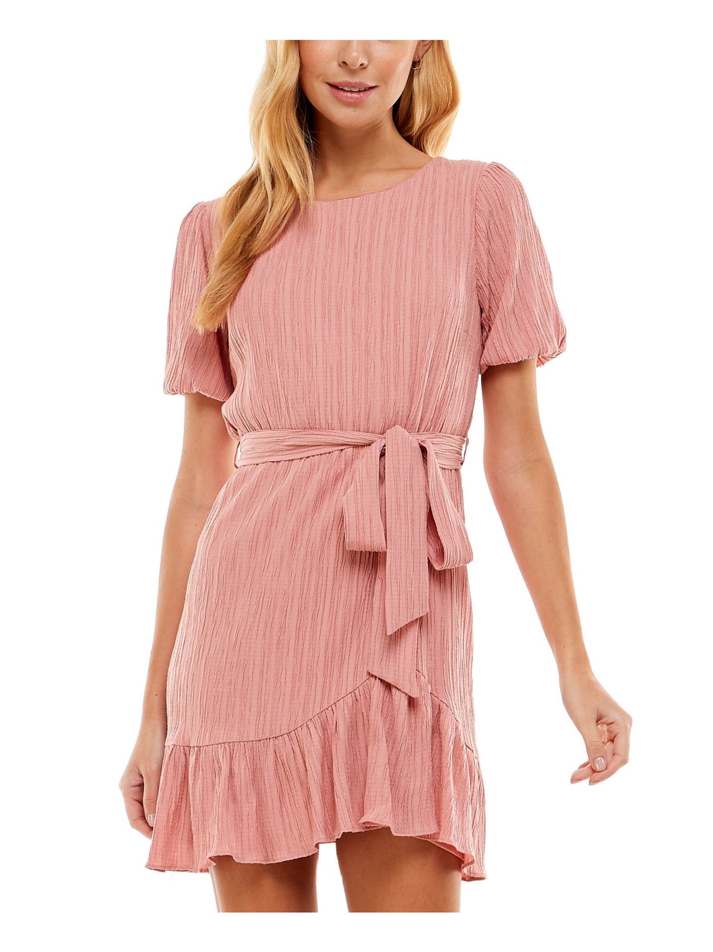 CITY STUDIO Womens Pink Stretch Textured Ruffled Keyhole Back Belted Short Sleeve Jewel Neck Short Fit + Flare Dress M