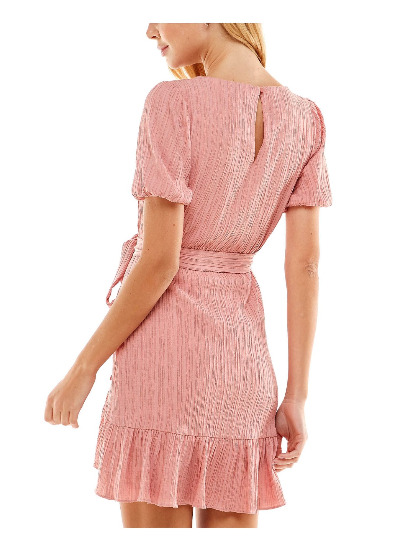 CITY STUDIO Womens Pink Stretch Textured Ruffled Keyhole Back Belted Short Sleeve Jewel Neck Short Fit + Flare Dress XL