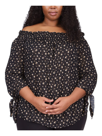 MICHAEL KORS Womens Smocked 3/4 Sleeve Off Shoulder Tie Curved Hem Top
