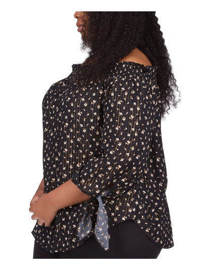 MICHAEL KORS Womens Smocked 3/4 Sleeve Off Shoulder Tie Curved Hem Top