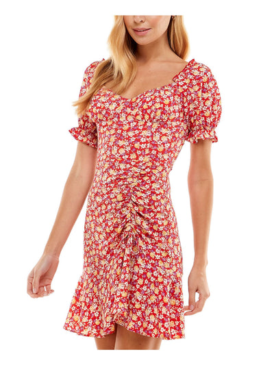 CITY STUDIO Womens Zippered Floral Pouf Sleeve Scoop Neck Short Fit + Flare Dress