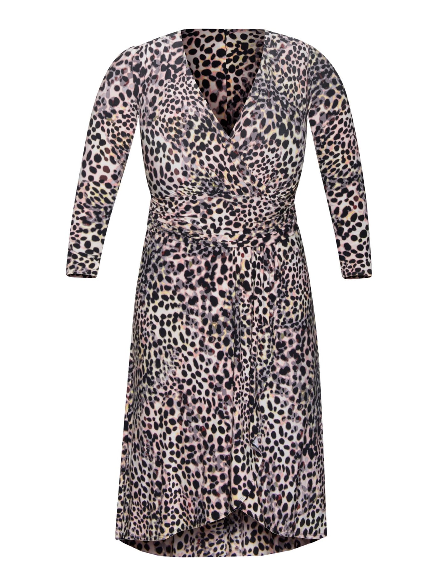 RACHEL RACHEL ROY Womens Pink Stretch Ruched Zippered Front Pleated Cascade Animal Print Long Sleeve Surplice Neckline Midi Party Faux Wrap Dress Plus 22W