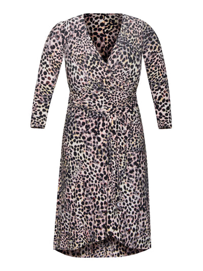RACHEL RACHEL ROY Womens Pink Stretch Ruched Zippered Front Pleated Cascade Animal Print Long Sleeve Surplice Neckline Midi Party Faux Wrap Dress Plus 22W