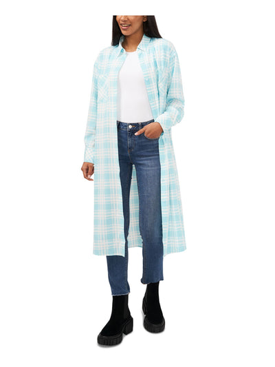 RILEY&RAE Womens Light Blue Ruffled Pocketed Slitted Button Down Plaid Cuffed Sleeve Point Collar Below The Knee Shirt Dress XS