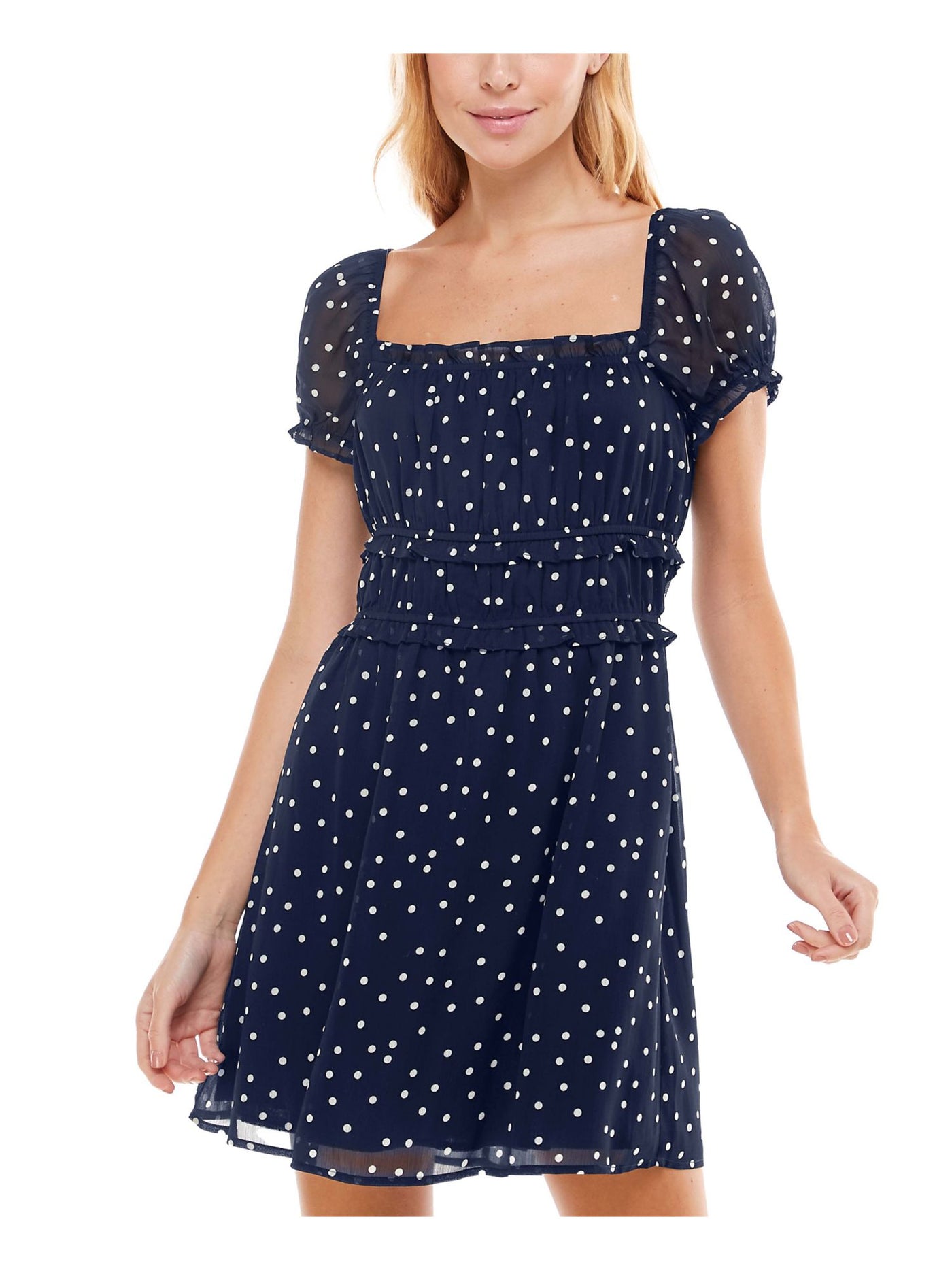 TRIXXI Womens Navy Sheer Ruffled Lined Polka Dot Pouf Sleeve Square Neck Short Fit + Flare Dress M