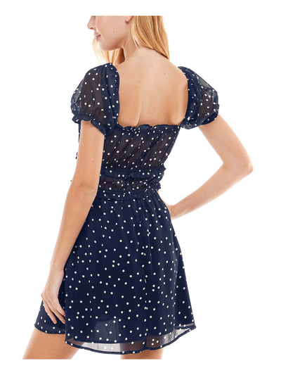 TRIXXI Womens Navy Sheer Ruffled Lined Polka Dot Pouf Sleeve Square Neck Short Fit + Flare Dress L