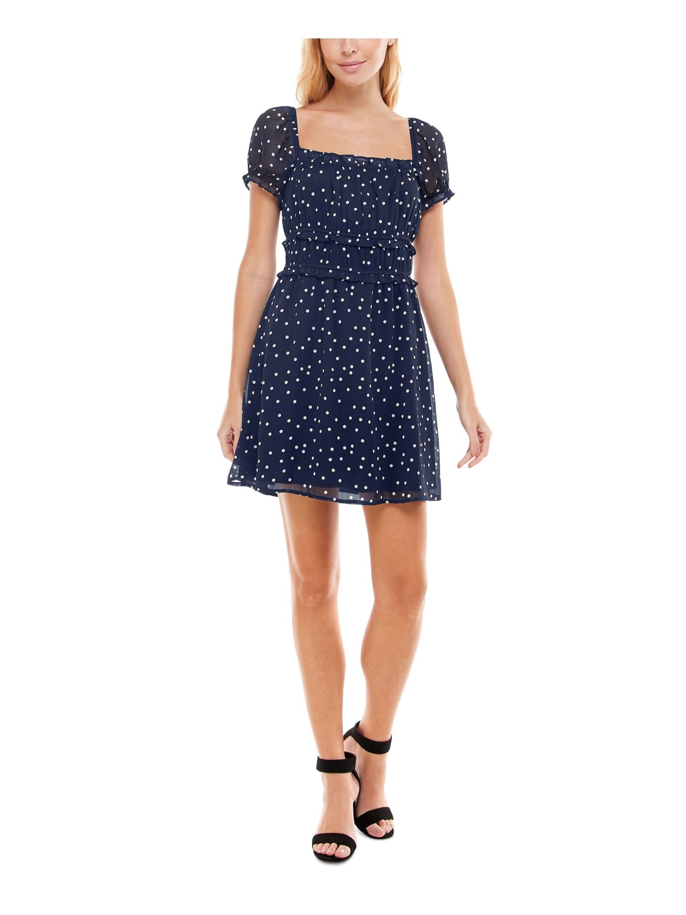 TRIXXI Womens Navy Sheer Ruffled Lined Polka Dot Pouf Sleeve Square Neck Short Fit + Flare Dress XS