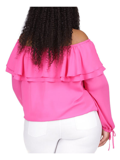 MICHAEL KORS Womens Pink Ruffled Tie Elastic Cuffs Long Sleeve Off Shoulder Party Top Plus 0X