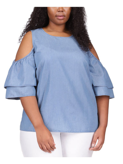 MICHAEL KORS Womens Light Blue Cold Shoulder Keyhole Back Logo Plate Short Sleeve Round Neck Top Plus 0X