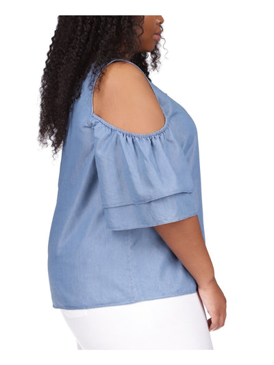 MICHAEL MICHAEL KORS Womens Blue Cold Shoulder Keyhole Back Logo Plate Short Sleeve Round Neck Top Plus 3X