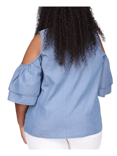 MICHAEL MICHAEL KORS Womens Blue Cold Shoulder Keyhole Back Logo Plate Short Sleeve Round Neck Top Plus 3X