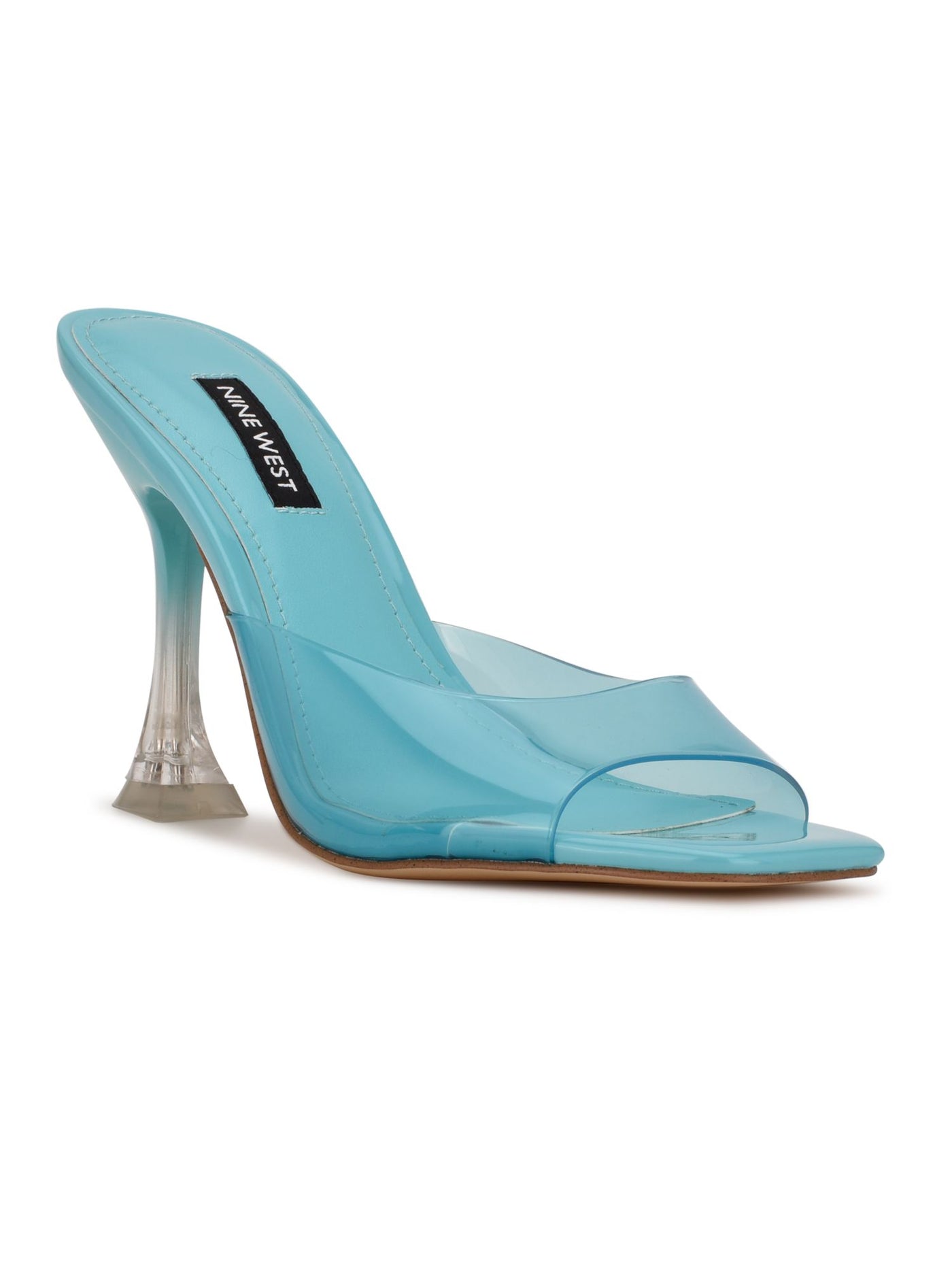 NINE WEST Womens Turquoise Transparent Padded Zooza Square Toe Flare Slip On Heeled Sandal 8 M