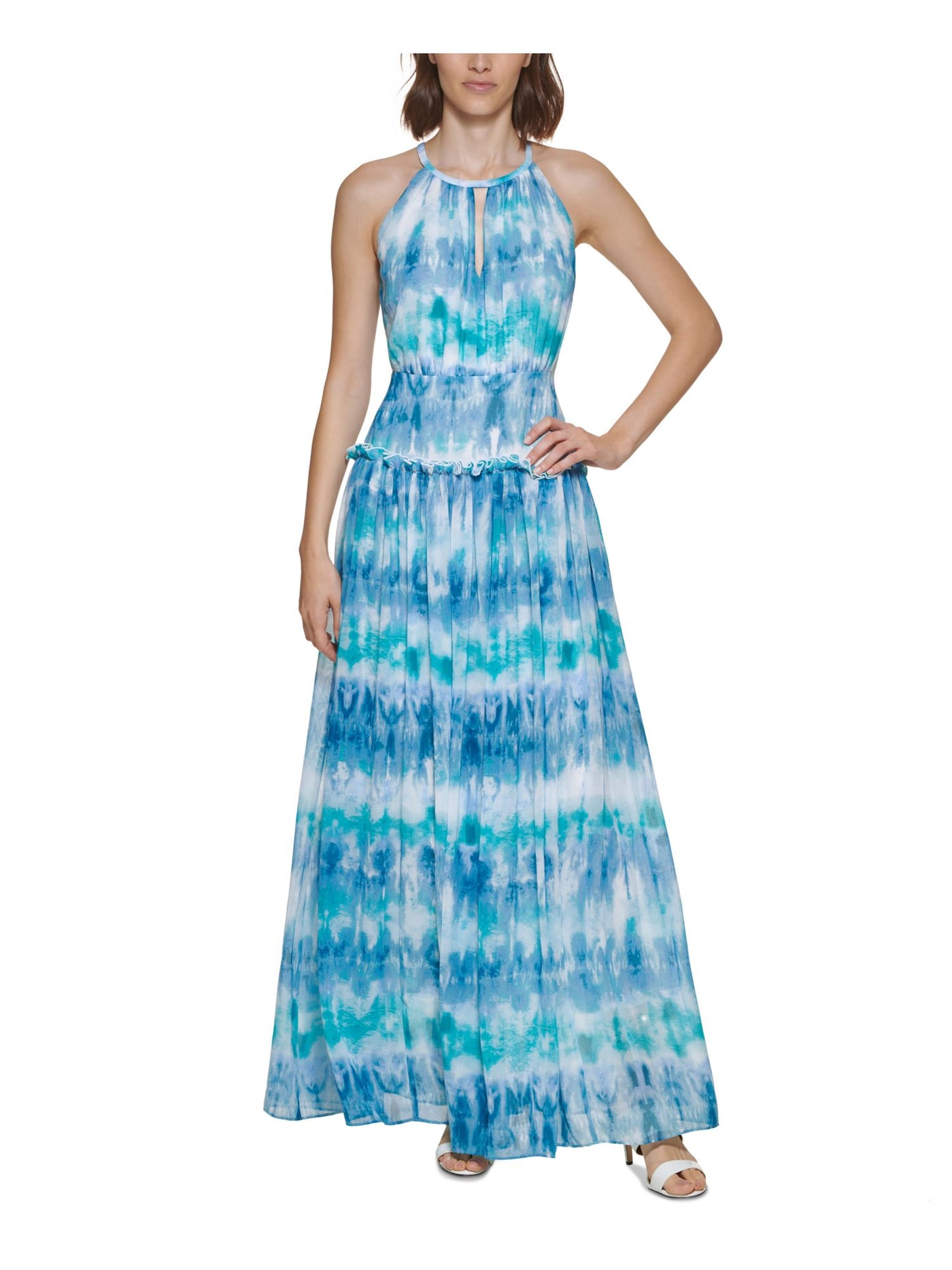 CALVIN KLEIN Womens Blue Zippered Cut Out Ruffle Trim Tie Dye Sleeveless Round Neck Full-Length Formal Gown Dress 6