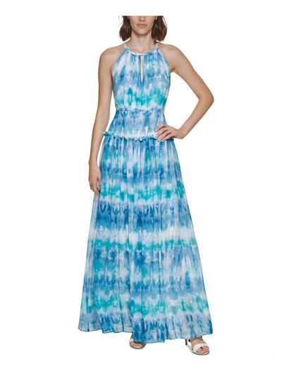 CALVIN KLEIN Womens Blue Zippered Cut Out Ruffle Trim Tie Dye Sleeveless Round Neck Full-Length Formal Gown Dress 8