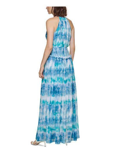 CALVIN KLEIN Womens Blue Zippered Cut Out Ruffle Trim Tie Dye Sleeveless Round Neck Full-Length Formal Gown Dress 8