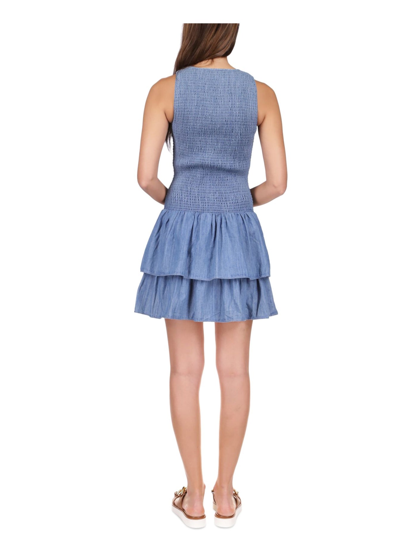 MICHAEL MICHAEL KORS Womens Blue Smocked Lined Pullover Tiered Sleeveless Crew Neck Mini Drop Waist Dress L