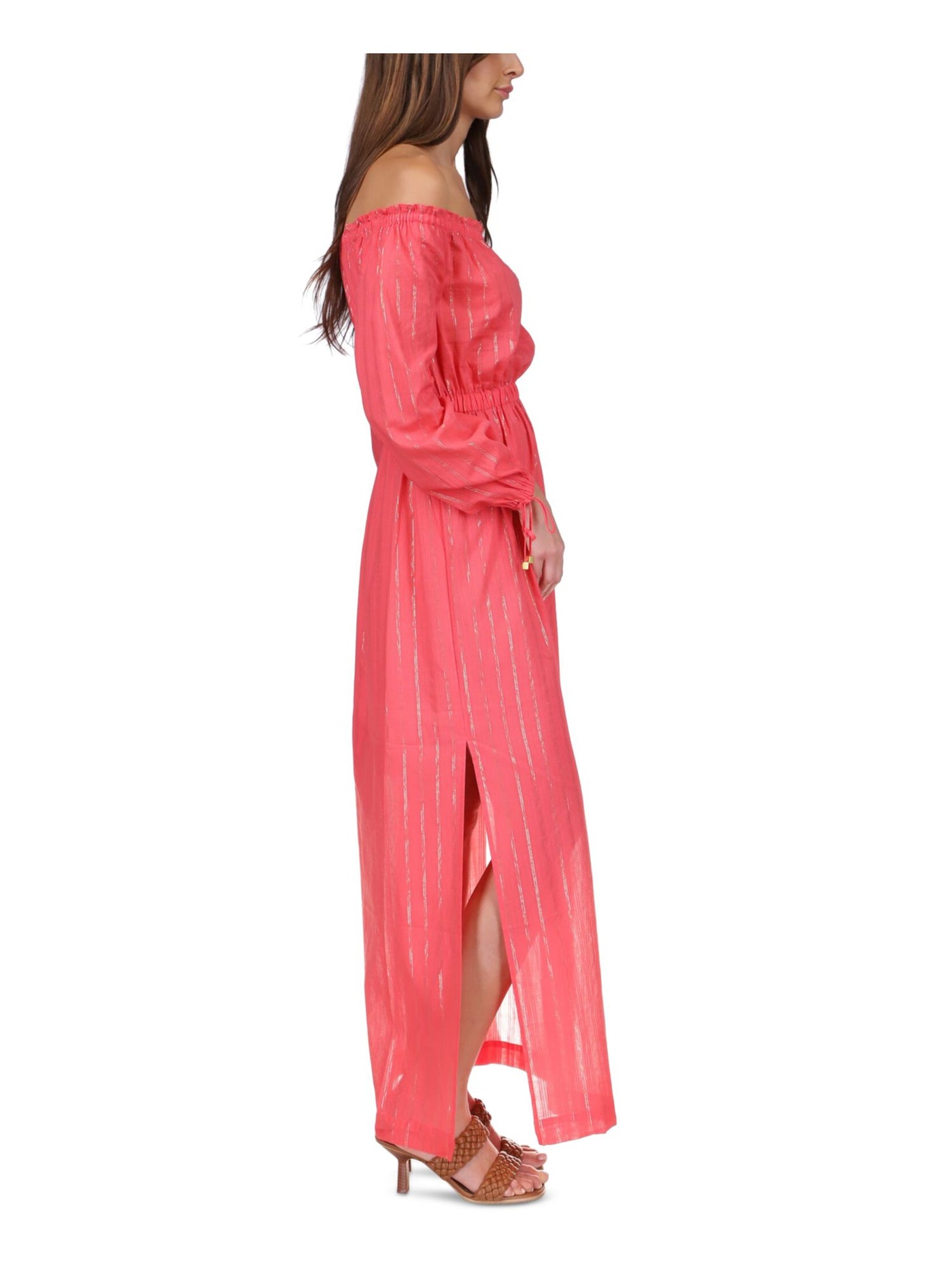 MICHAEL MICHAEL KORS Womens Coral Ruched Slitted Unlined Long Sleeve Off Shoulder Maxi Evening Fit + Flare Dress XS
