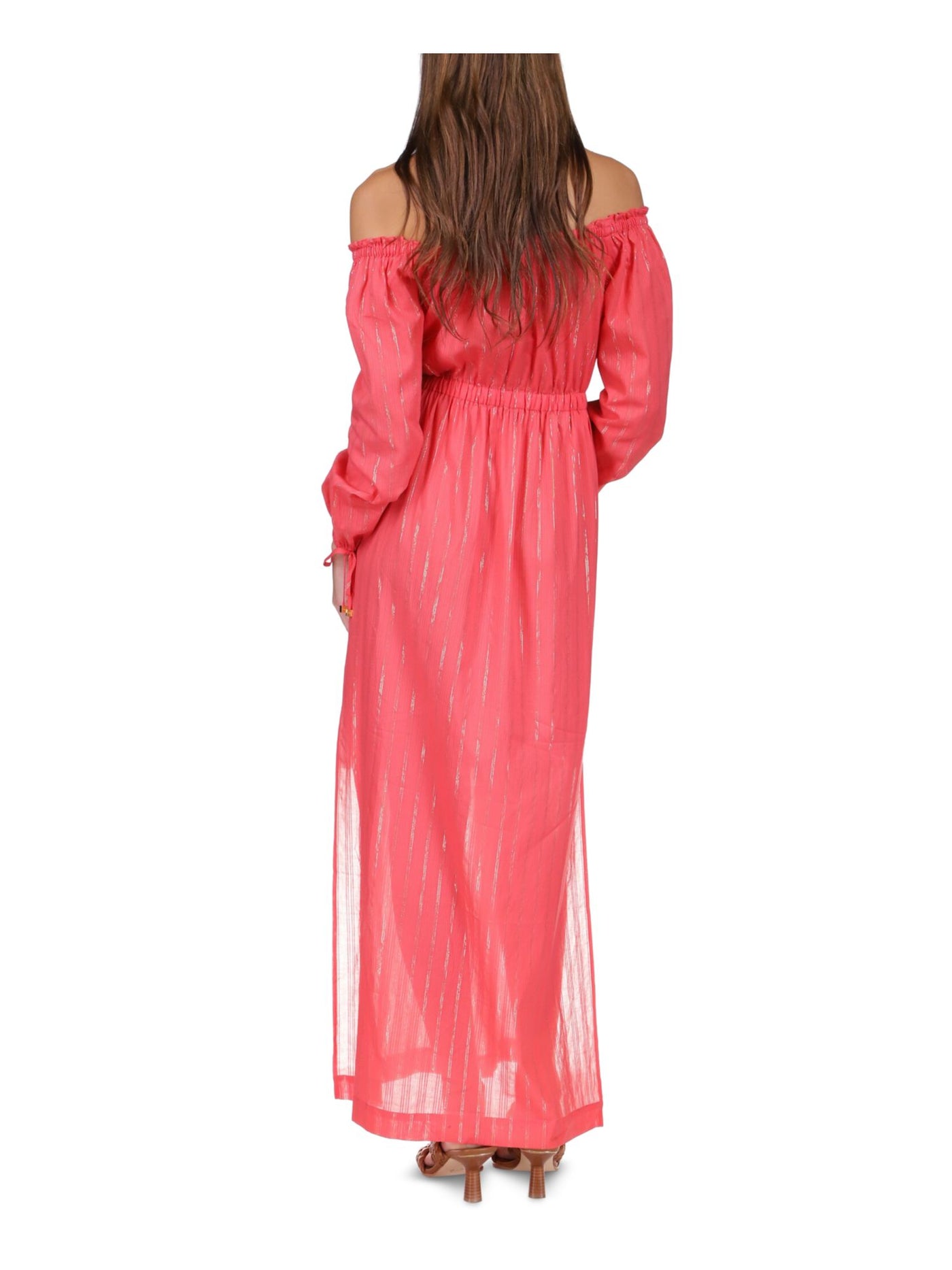 MICHAEL MICHAEL KORS Womens Coral Ruched Slitted Unlined Long Sleeve Off Shoulder Maxi Evening Fit + Flare Dress XS