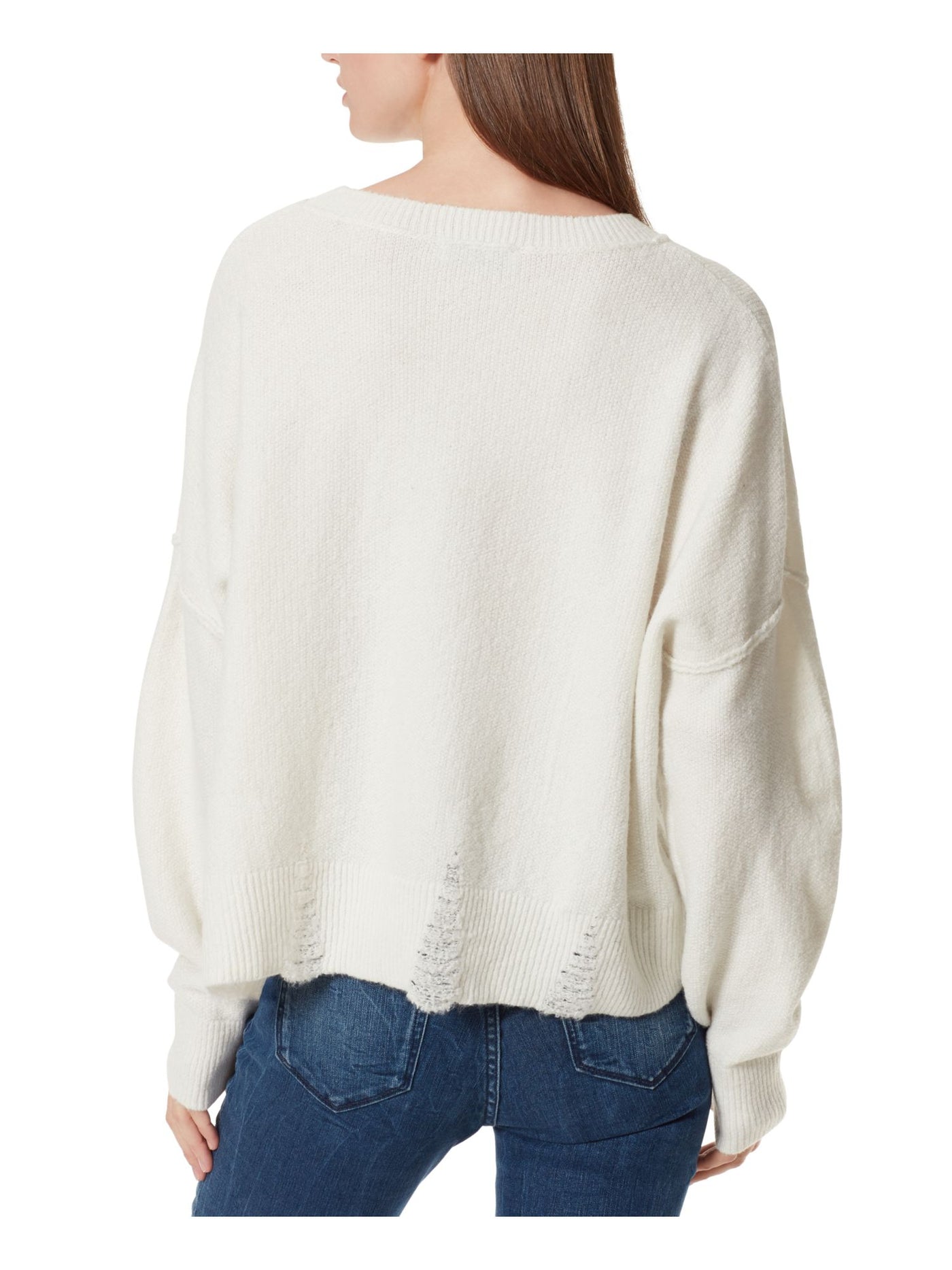 FRAYED JEANS Womens White Distressed Frayed Sheer Ribbed Long Sleeve Crew Neck Sweater L