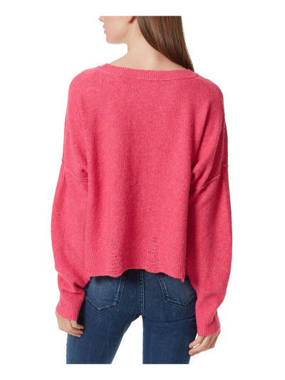 FRAYED Womens Pink Distressed Frayed Sheer Ribbed Heather Long Sleeve Crew Neck Sweater M