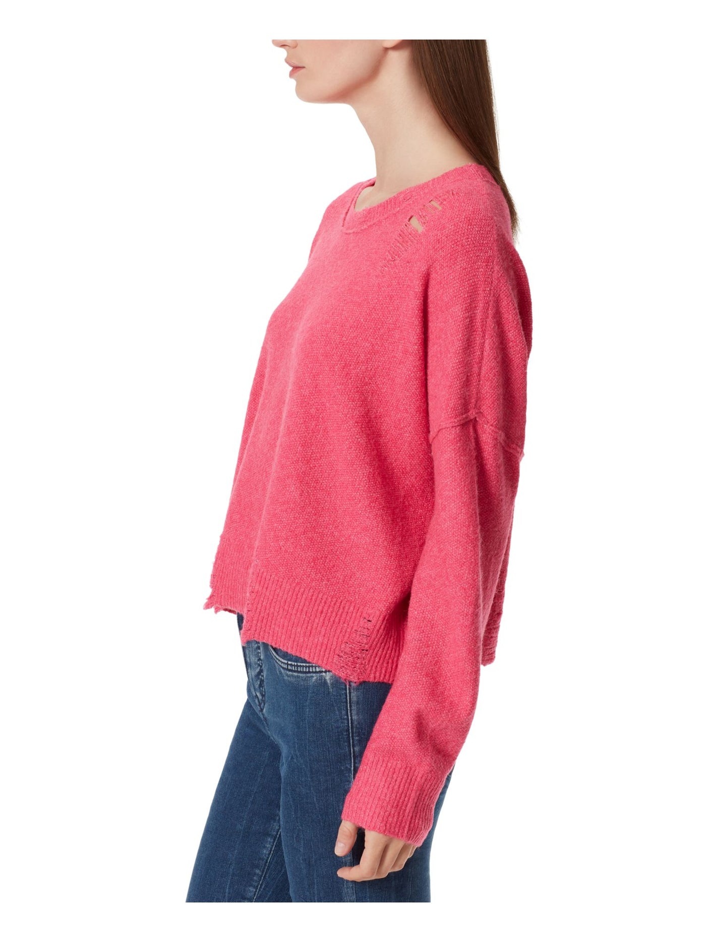 FRAYED JEANS Womens Pink Distressed Frayed Sheer Ribbed Heather Long Sleeve Crew Neck Sweater S