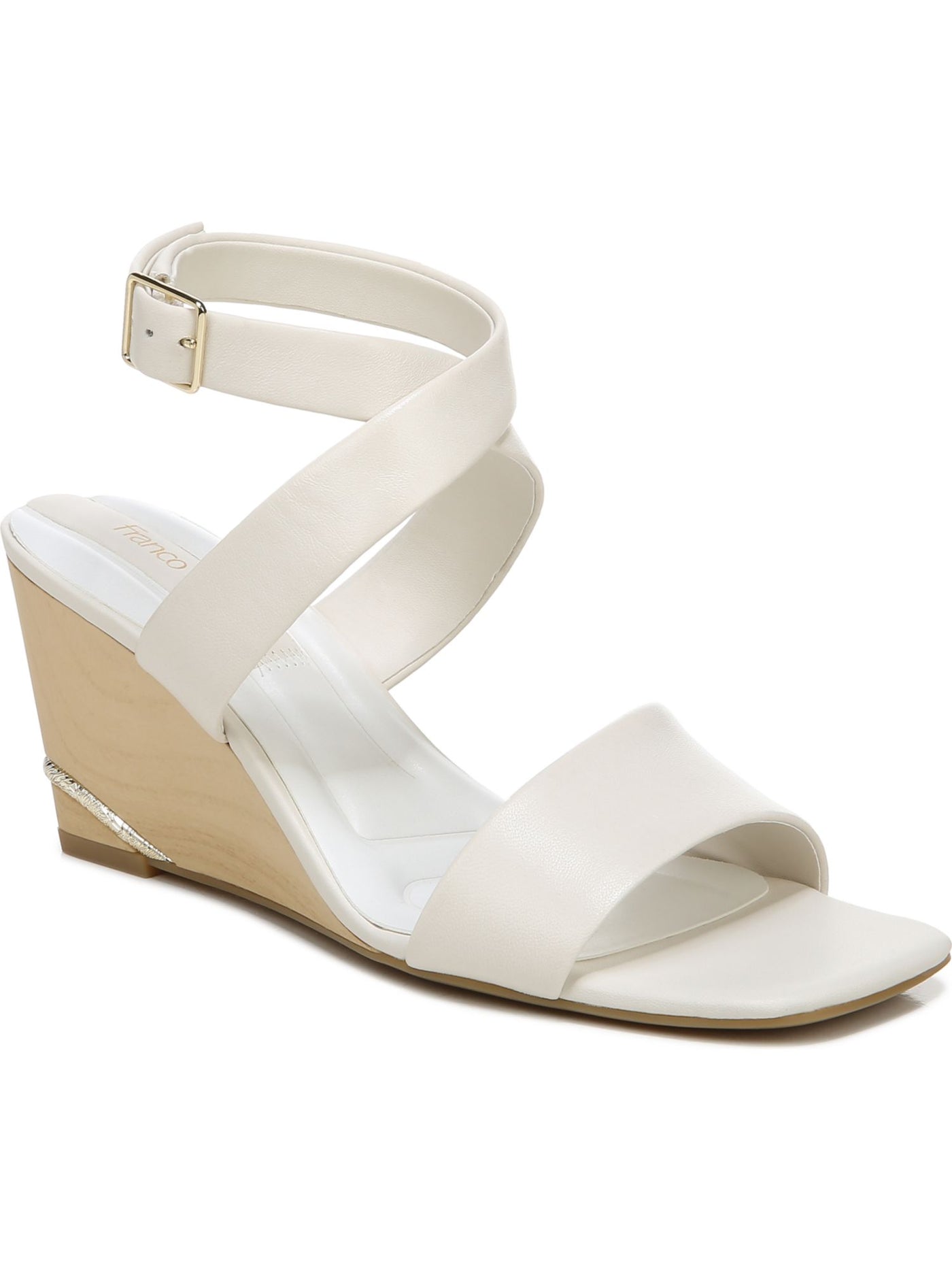 FRANCO SARTO Womens Ivory Padded Adjustable Ankle Strap Stud Square Toe Wedge Buckle Leather Heeled Sandal 6 M