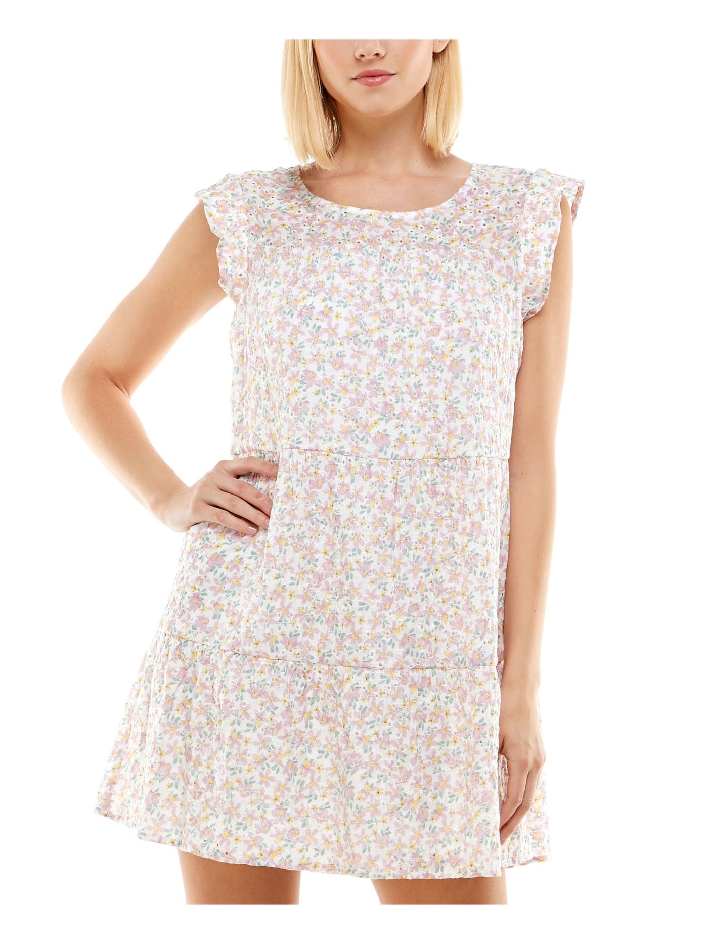 CRYSTAL DOLLS Womens Ivory Embroidered Eyelet Button Back Closure Floral Flutter Sleeve Scoop Neck Short Sheath Dress S