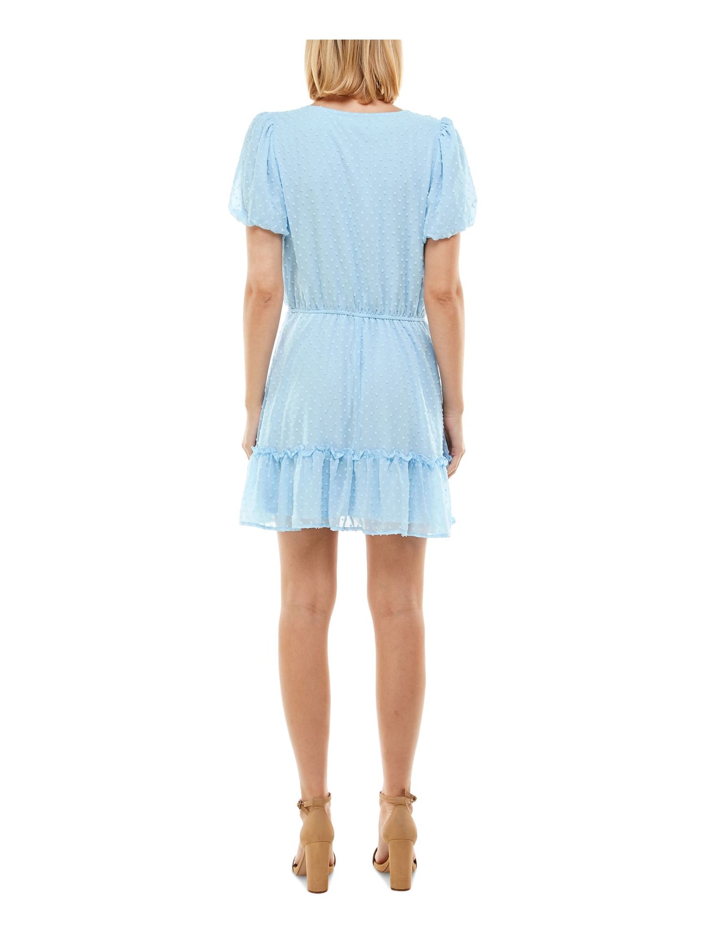 CRYSTAL DOLLS Womens Light Blue Ruffled Tie Waist Lined Short Sleeve V Neck Short Party Fit + Flare Dress XS