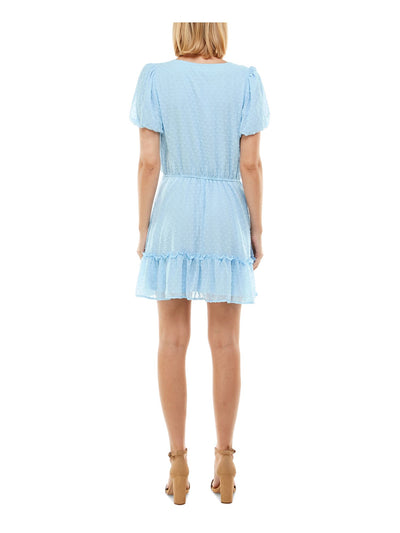 CRYSTAL DOLLS Womens Light Blue Ruffled Tie Waist Lined Short Sleeve V Neck Short Party Fit + Flare Dress XS