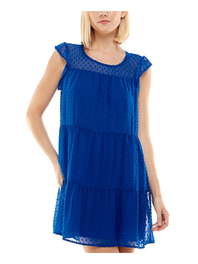 CRYSTAL DOLLS Womens Blue Sheer Button Closure Tiered Flutter Sleeve Scoop Neck Short Sheath Dress S