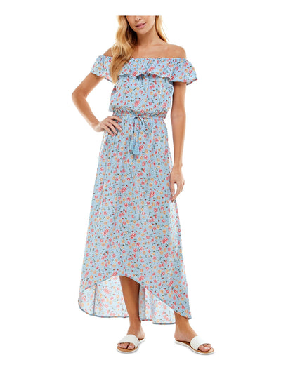 KINGSTON GREY Womens Light Blue Ruffled Tasseled Tie Waist Floral Short Sleeve Off Shoulder Maxi Hi-Lo Dress M