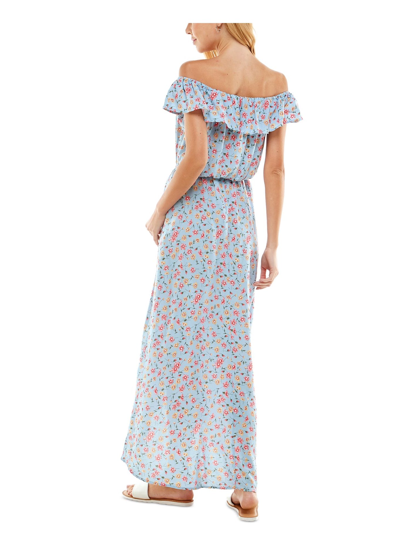 KINGSTON GREY Womens Turquoise Ruffled Tasseled Tie Waist Floral Short Sleeve Off Shoulder Maxi Hi-Lo Dress XS