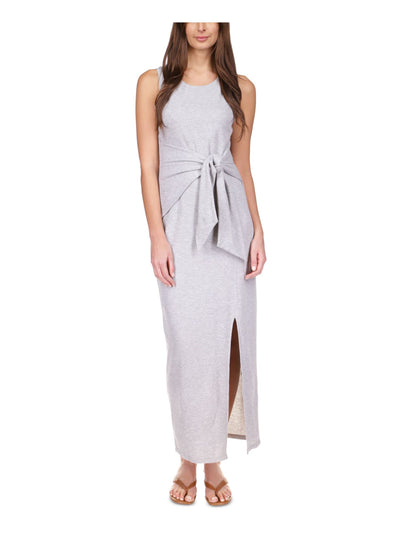 MICHAEL MICHAEL KORS Womens Gray Slitted Pullover Self-tie Waist Panels Sleeveless Round Neck Maxi Sheath Dress XS