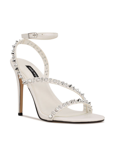 NINE WEST Womens White Embellished Adjustable Mitz Round Toe Stiletto Buckle Dress Heeled Sandal 8 M