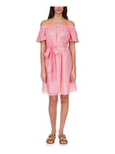 MICHAEL MICHAEL KORS Womens White Tie Sheer Lined Floral Short Sleeve Off Shoulder Above The Knee Shift Dress XXS