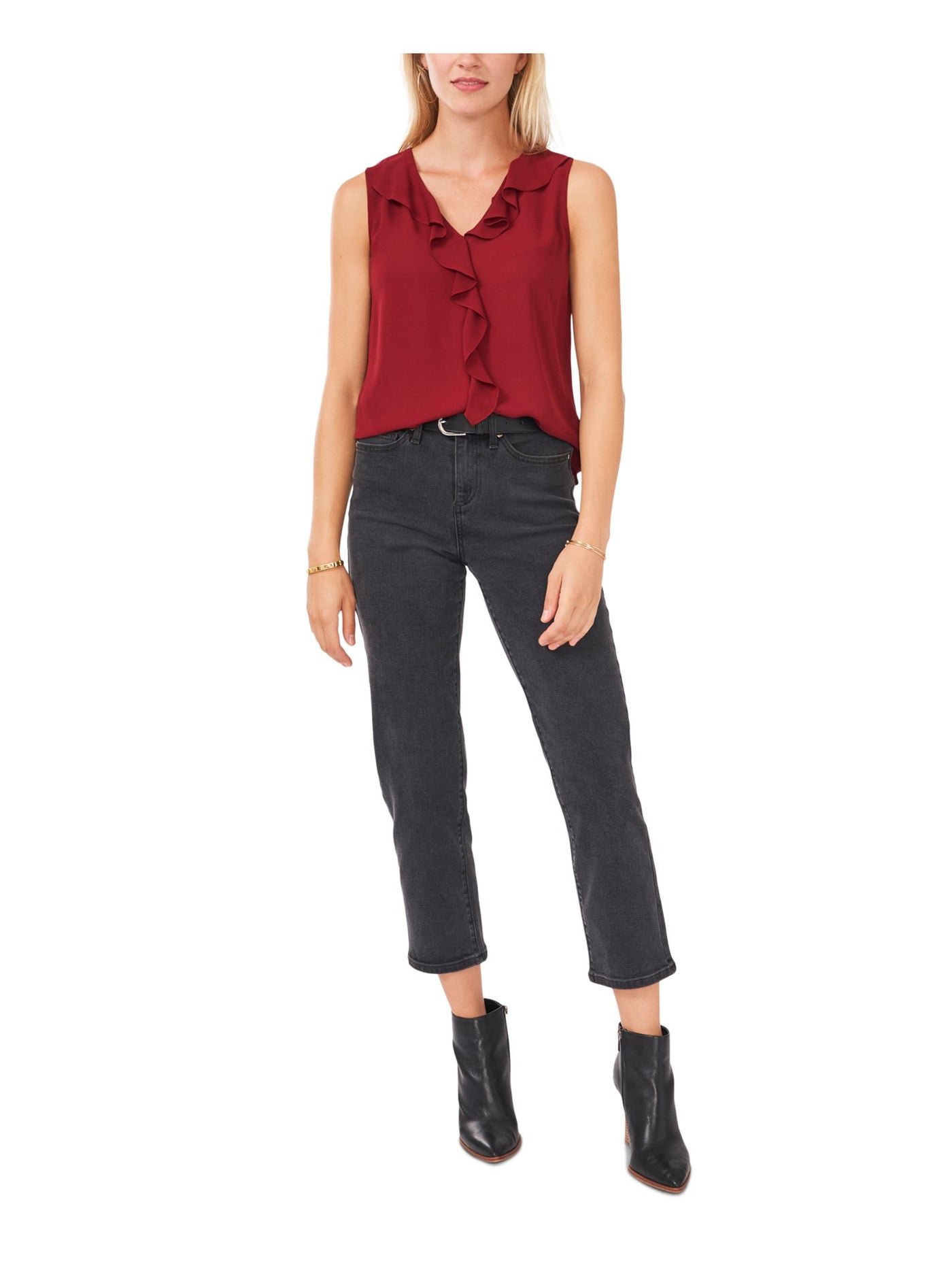 VINCE CAMUTO Womens Ruffled Sleeveless Vented Hem V Neck Top
