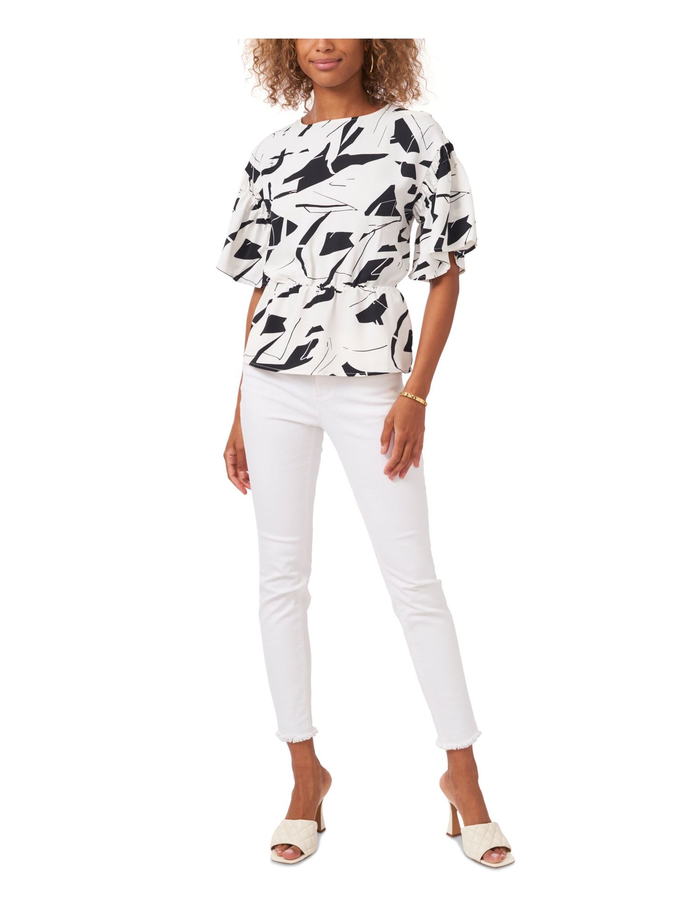 VINCE CAMUTO Womens Ivory Cut Out Cold Shoulder Unlined Printed Bell Sleeve V Neck Blouse S