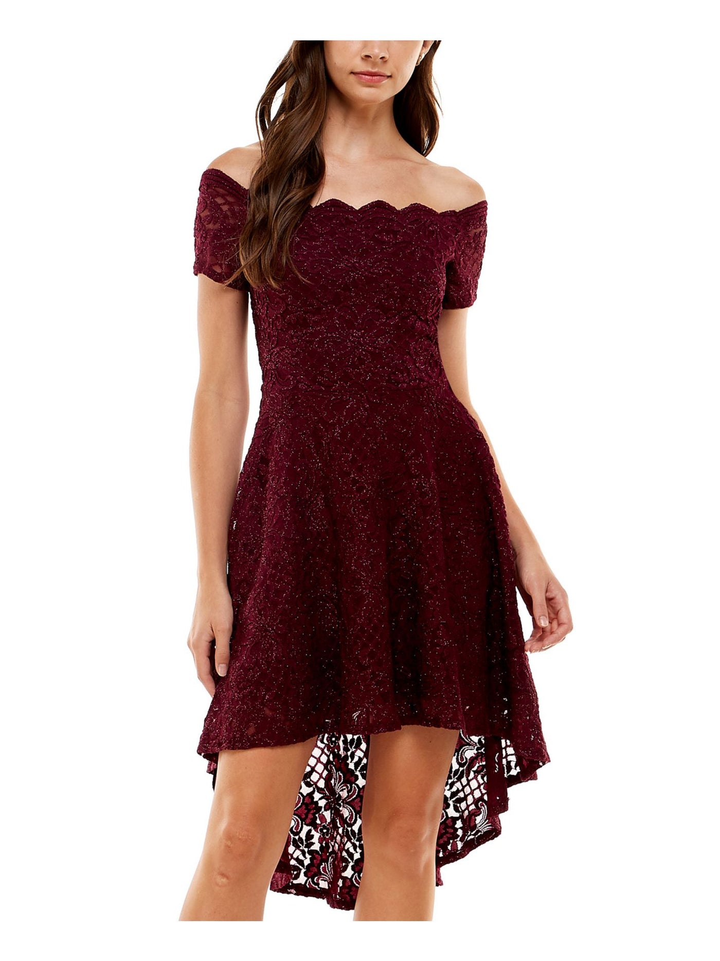 CITY STUDIO Womens Maroon Stretch Lace Scalloped Hi-lo Hem Lined Padded Glitter S Short Sleeve Off Shoulder Midi Party Fit + Flare Dress Juniors 3