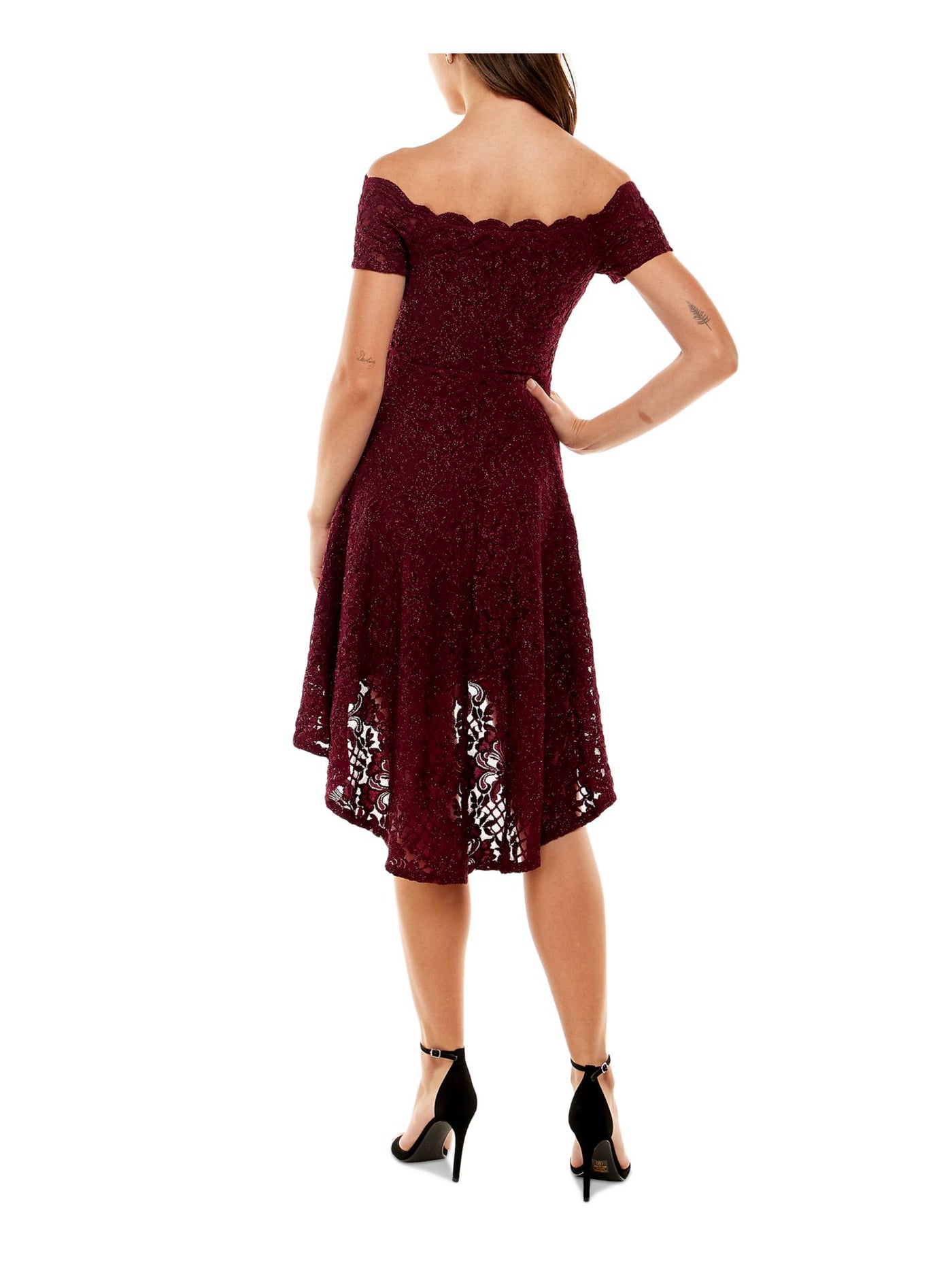 CITY STUDIO Womens Burgundy Stretch Lace Scalloped Hi-lo Hem Lined Padded Glitter S Short Sleeve Off Shoulder Midi Party Fit + Flare Dress Juniors 17