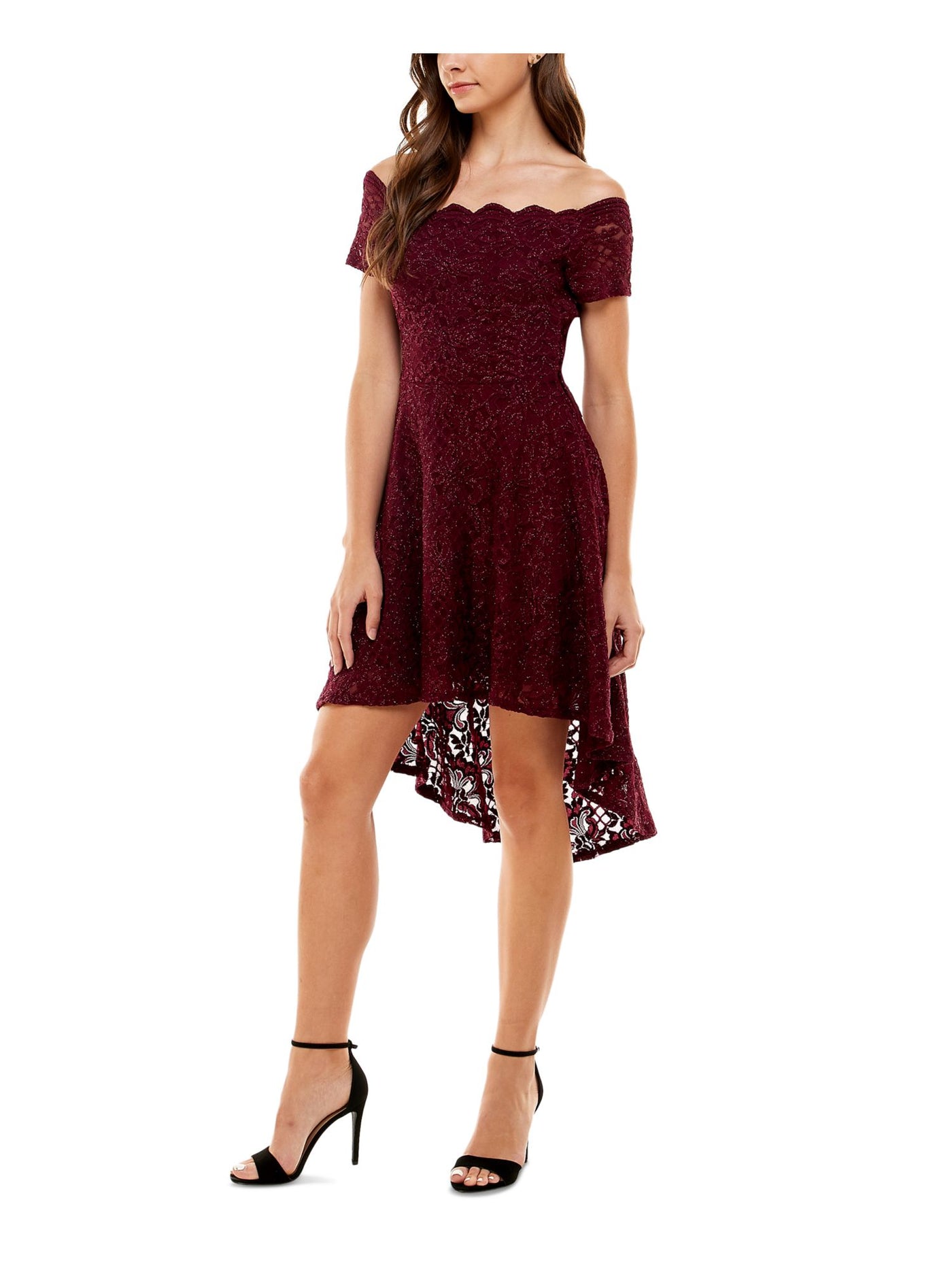 CITY STUDIO Womens Burgundy Stretch Lace Scalloped Hi-lo Hem Lined Padded Glitter S Short Sleeve Off Shoulder Midi Party Fit + Flare Dress Juniors 11