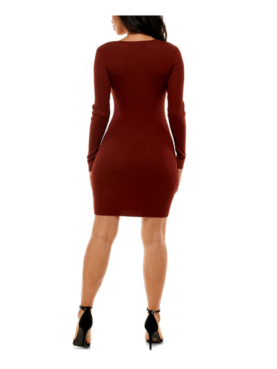 CRAVE FAME Womens Brown Ribbed Hook-eye Closure Under-bust Seam Long Sleeve Sweetheart Neckline Short Party Body Con Dress M