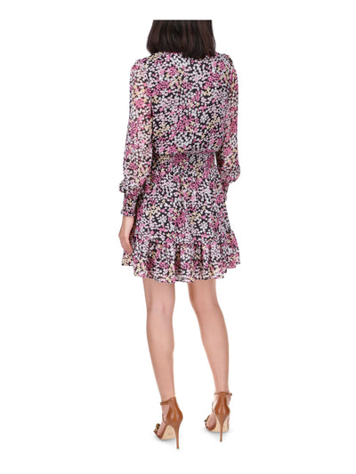 MICHAEL MICHAEL KORS Womens Black Smocked Ruffled Sheer Tiered Skirt Lined Floral Long Sleeve Surplice Neckline Short Party Faux Wrap Dress Petites PM