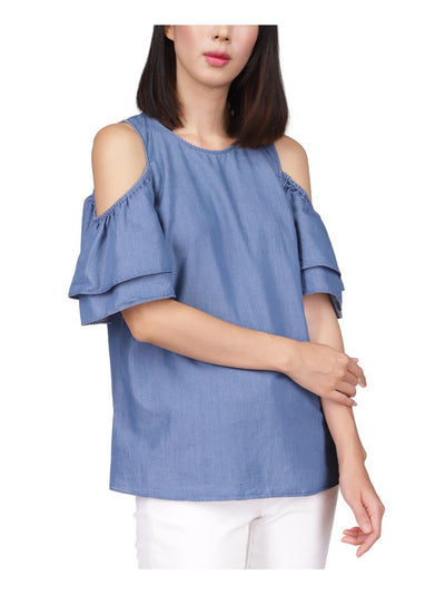MICHAEL MICHAEL KORS Womens Blue Cold Shoulder Keyhole Back Flutter Sleeve Round Neck Top XS