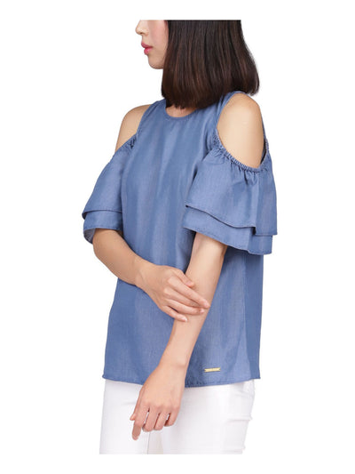 MICHAEL MICHAEL KORS Womens Blue Cold Shoulder Keyhole Back Flutter Sleeve Round Neck Top XS