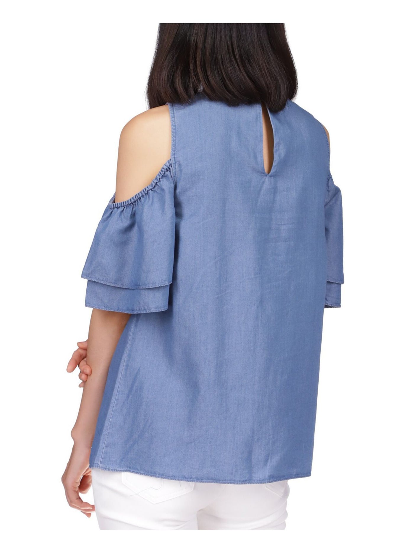 MICHAEL KORS Womens Blue Cold Shoulder Ruffled Keyhole Button Back Short Sleeve Scoop Neck Top Petites P\XS