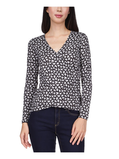 MICHAEL KORS Womens Black Floral Long Sleeve Surplice Neckline Wear To Work Faux Wrap Top XS